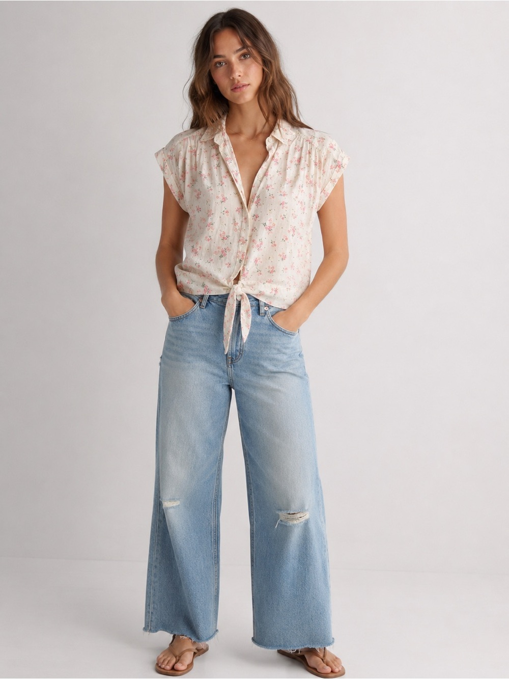 Free People Vintage Ditsy Floral Tie-Front Blouse Size S?